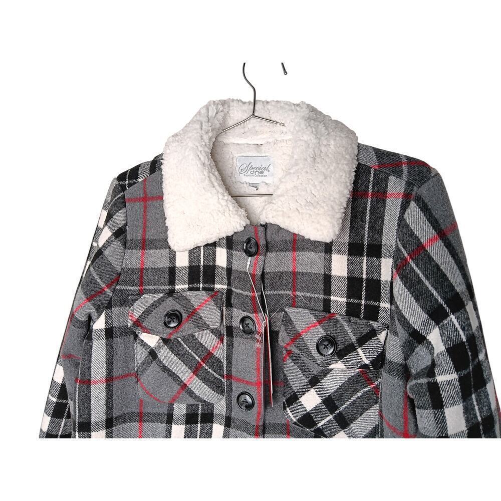 New Special One Premium Boutique Sherpa Plaid Coat Gray Black Soft Thick M - Picture 7 of 16